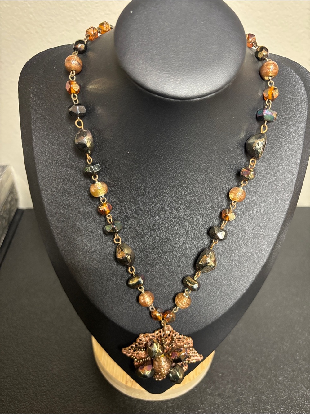 Handcrafted Glass Copper & Brown Beaded Floral Pendant Necklace - Picture 3 of 8